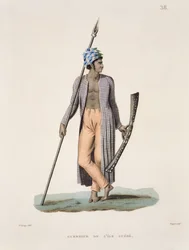 Krigare från ön Guebe, från "Voyage autour du Monde (1817-20)", av Louis Claude Desaulses de Freycinet (1779-1842) graverad av Roger, publicerad 1822-24